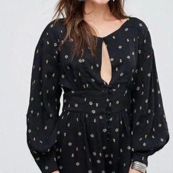 Free People Love Grows Printed Romper Black Long Sleeve Cottage Dress 1 Piece S - Picture 1 of 10